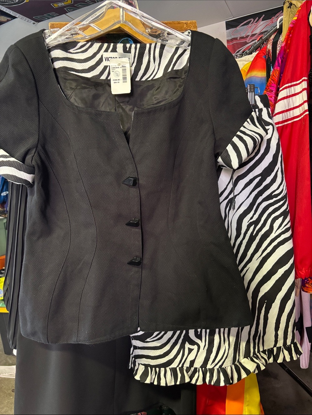 Víctor Costa Black Short Sleeve Blazer with Zebra-Print Ruffled Skirt Suit